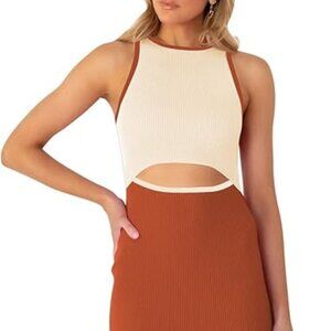 Women's Cutout Crew Neck Sleeveless Slit Ribbed Bodycon Midi Dresses